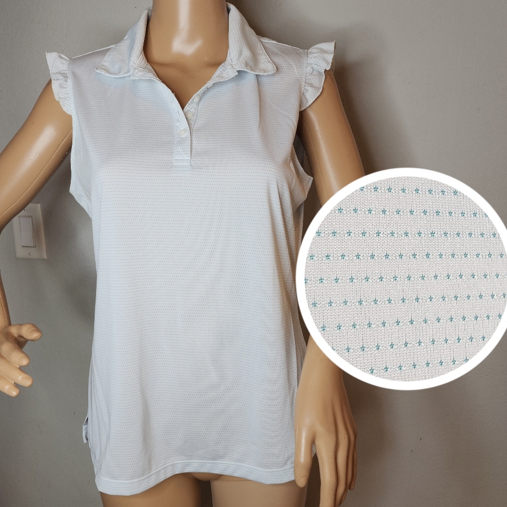 Lady Hagen Hydro-Dri Ruffle Cap Sleeve Polo Top White Blue Polka Dot Size Medium